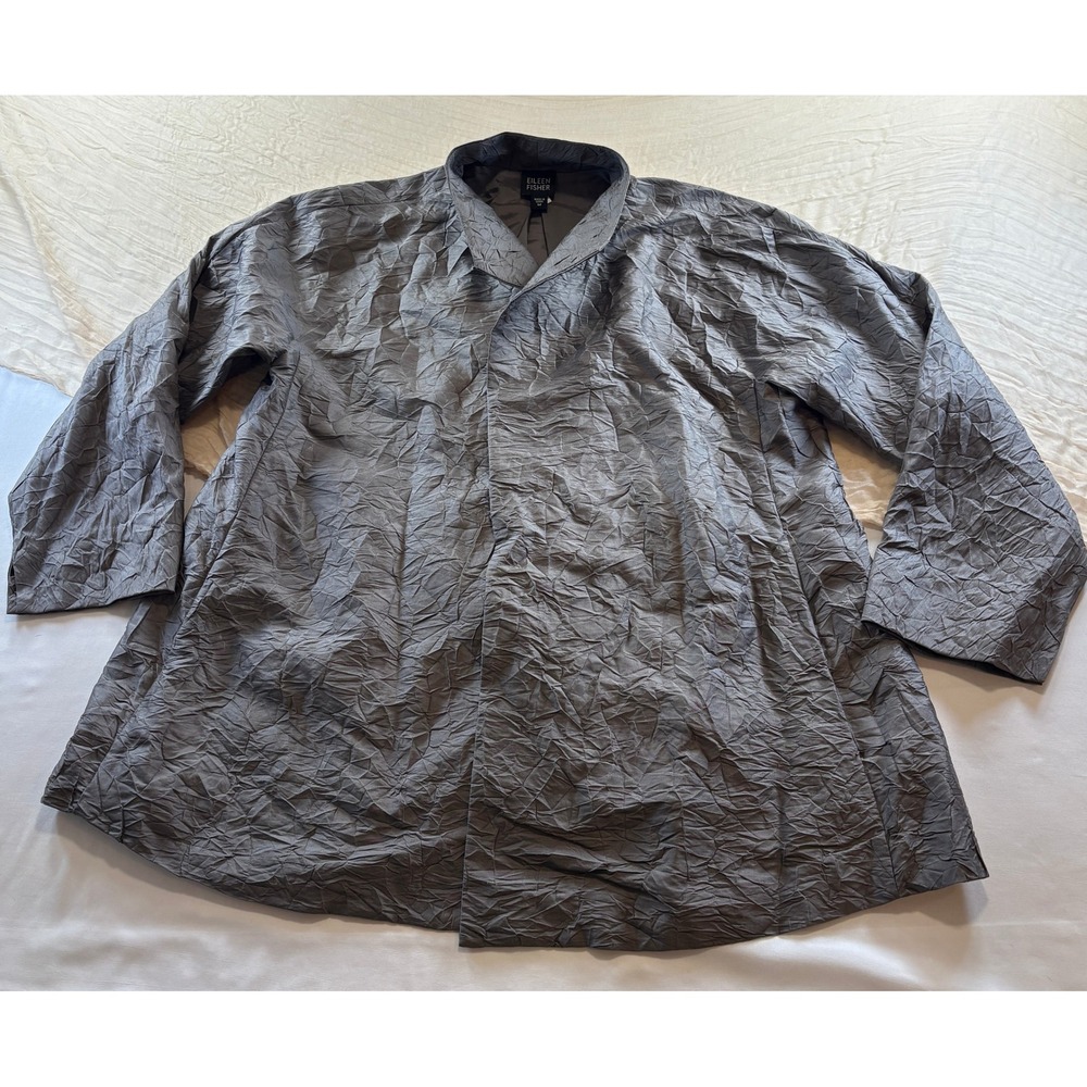 Eileen Fisher Silk Jacket Gray Excellent Crinkled Lined M